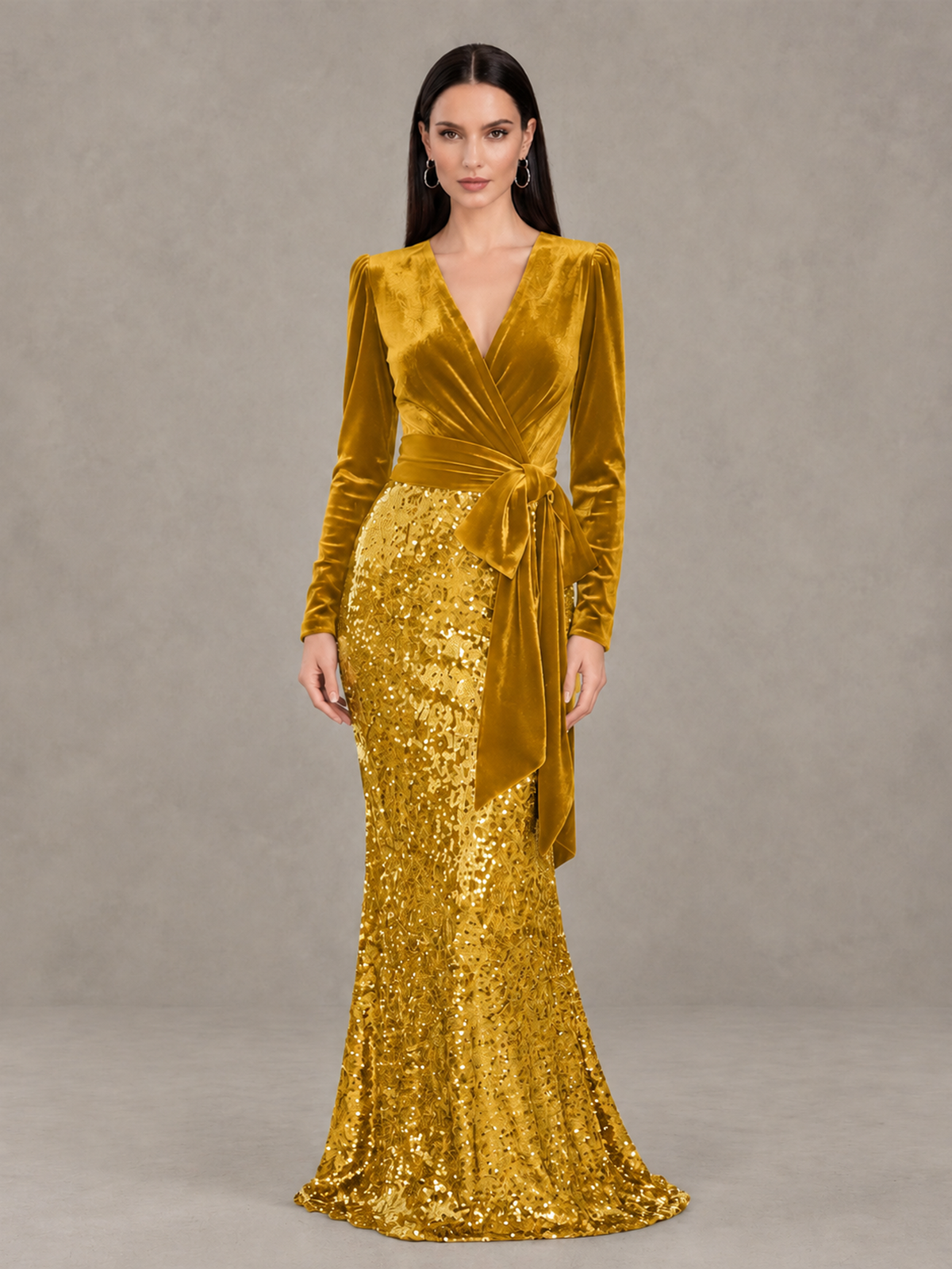 BOLODOO Gold Velvet & Sequin Long Sleeve V-Neck Mermaid Evening Gown - Gold - Gold_1
