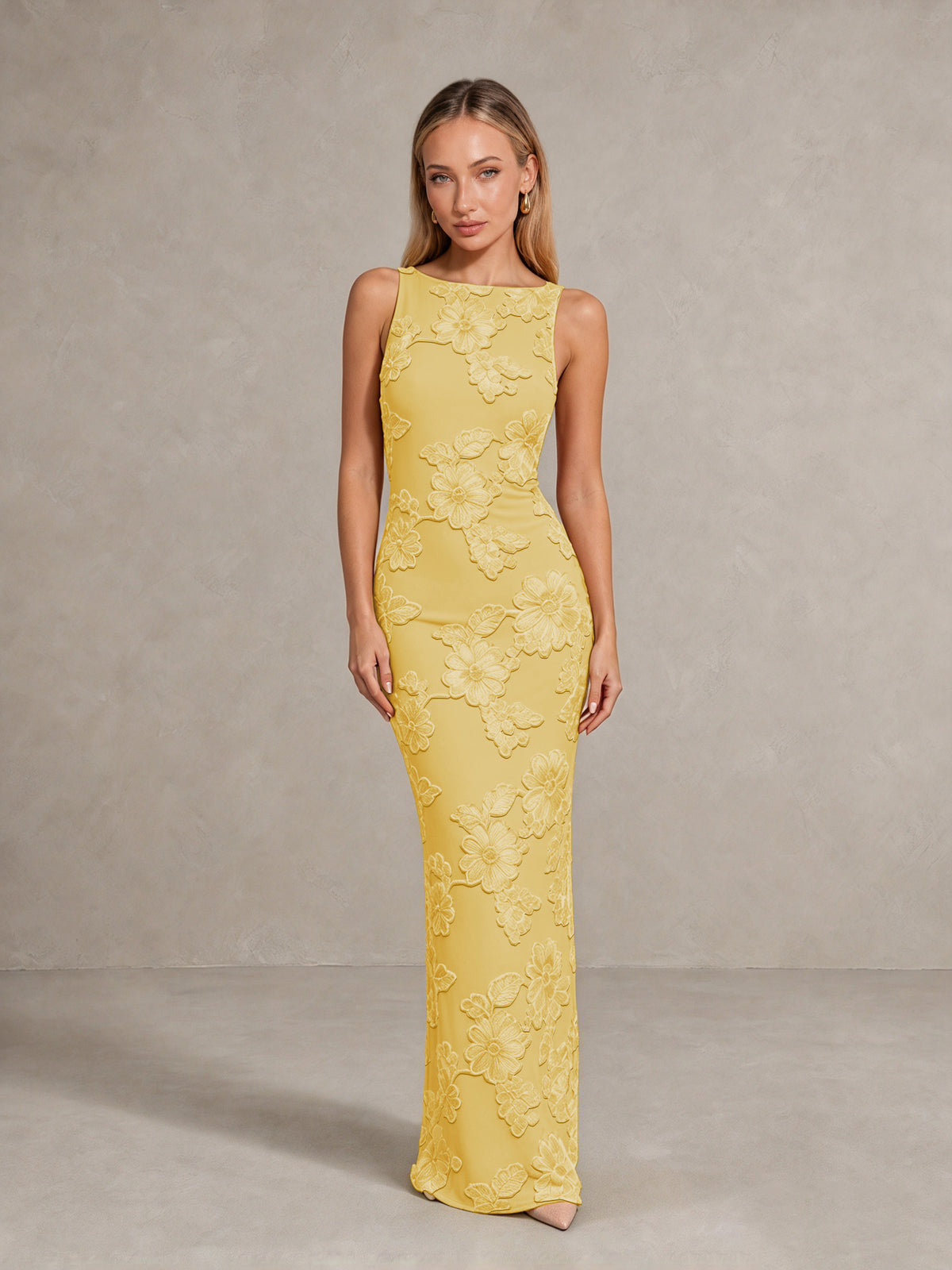 BOLODOO Gold Floral Sleeveless Maxi Wedding Guest Dress - Gold - Gold(1)