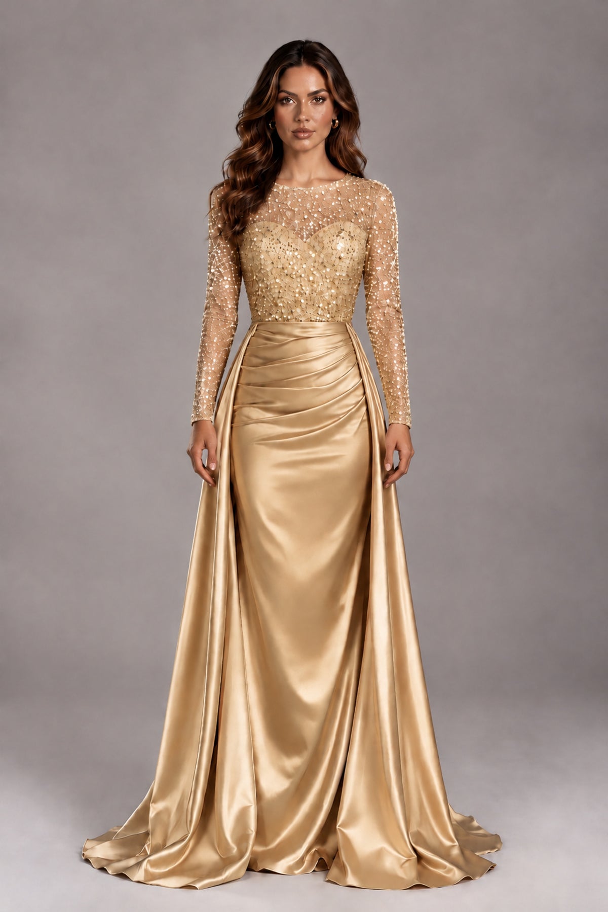 BOLODOO Gold Long Sleeve Embellished Satin Evening Gown with Sweep Train - Gold - Gold_1