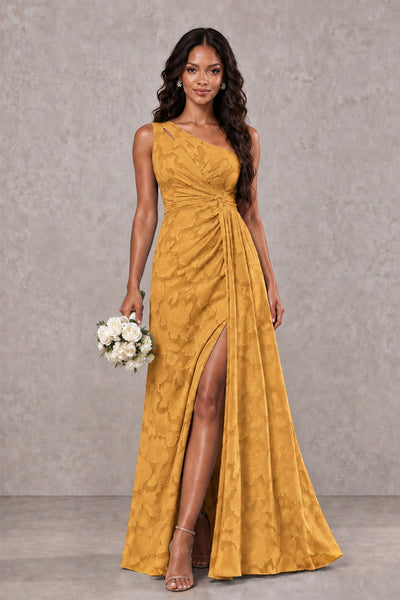 BOLODOO Gold One-Shoulder Floral Textured Maxi Dress with High Slit - Gold - Gold_1