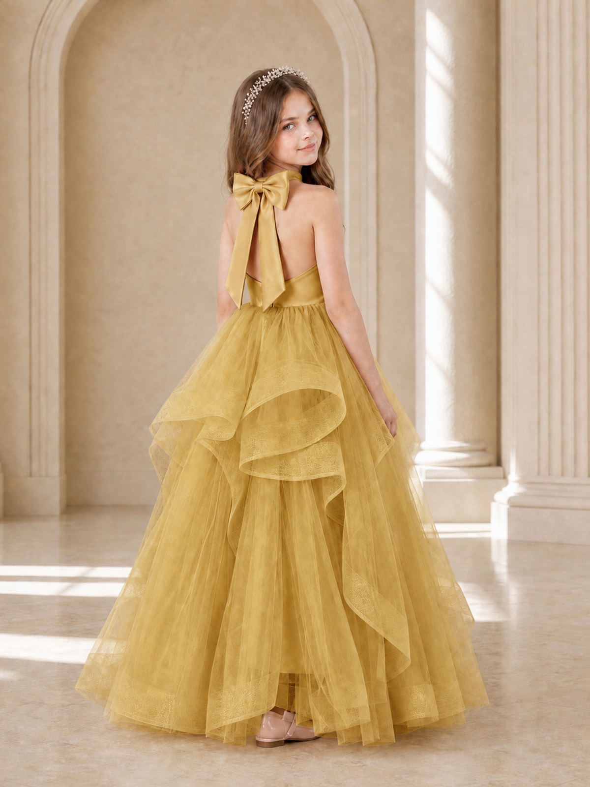BOLODOO Gold Halter Tiered Tulle Flower Girl Dress with Bow Back - Gold - Gold_1