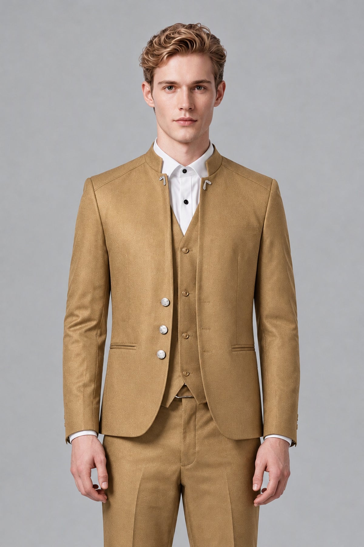 Bolodoo Men's Gold Mandarin Collar 3-Piece Suit – Jacket, Vest & Trousers - Gold - Gold_1