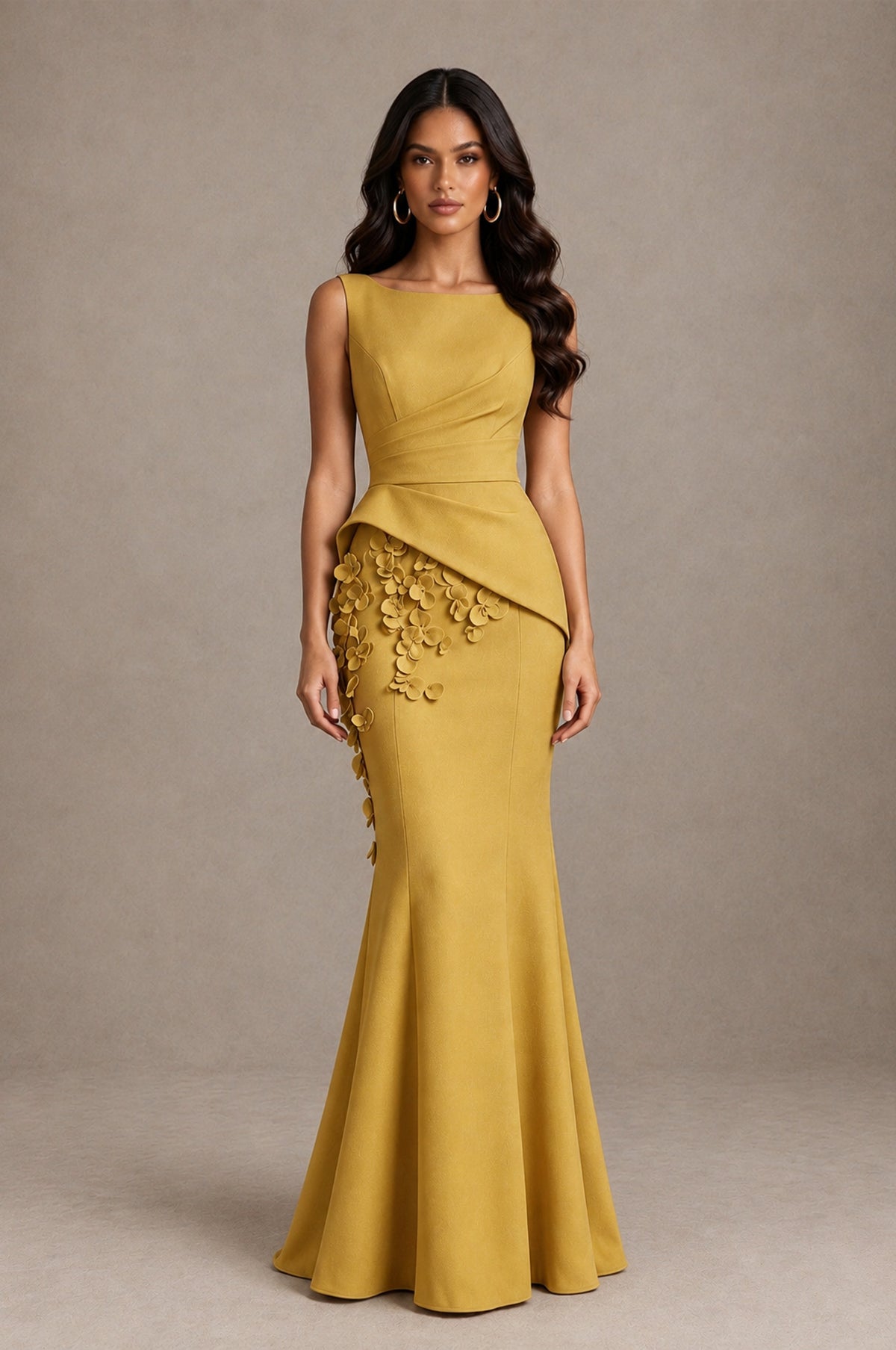 BOLODOO Gold Bateau Neck Sleeveless Asymmetric Peplum 3D Petal Appliqué Mermaid Gown BD0421 - Gold - Gold_1