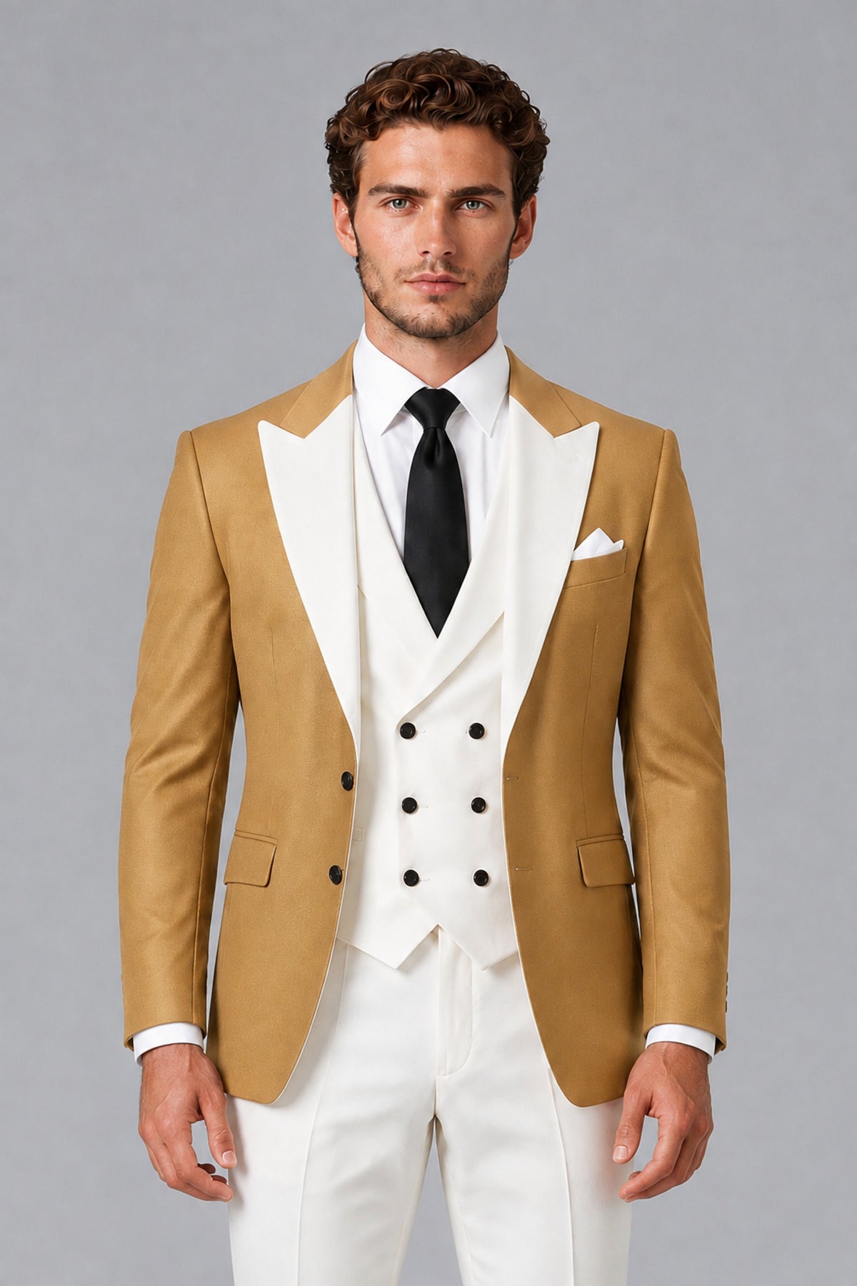 BOLODOO Men's Gold Satin 3-Piece Suit | Blazer, Vest & Trousers Set - Gold - Gold_1