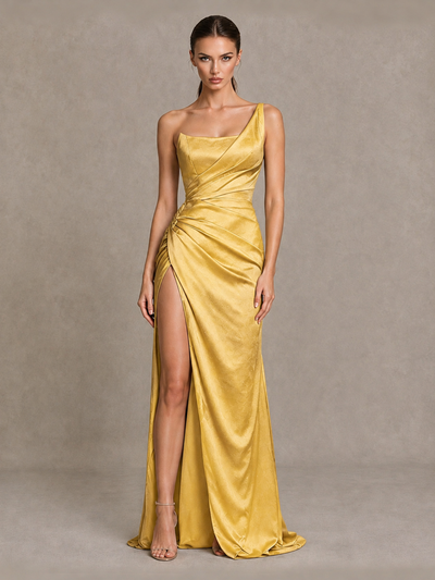 BOLODOO Gold One Shoulder Satin Evening Gown with High Slit and Sweep Train - Gold - Gold_1