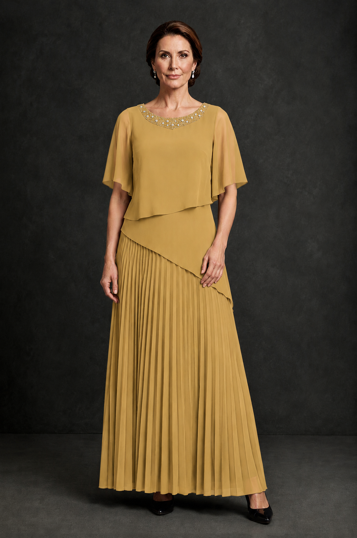 BOLODOO Gold Pearl Beaded Neck Asymmetric Tiered Flutter Sleeve Pleated Chiffon Maxi Dress - Gold - Gold_1