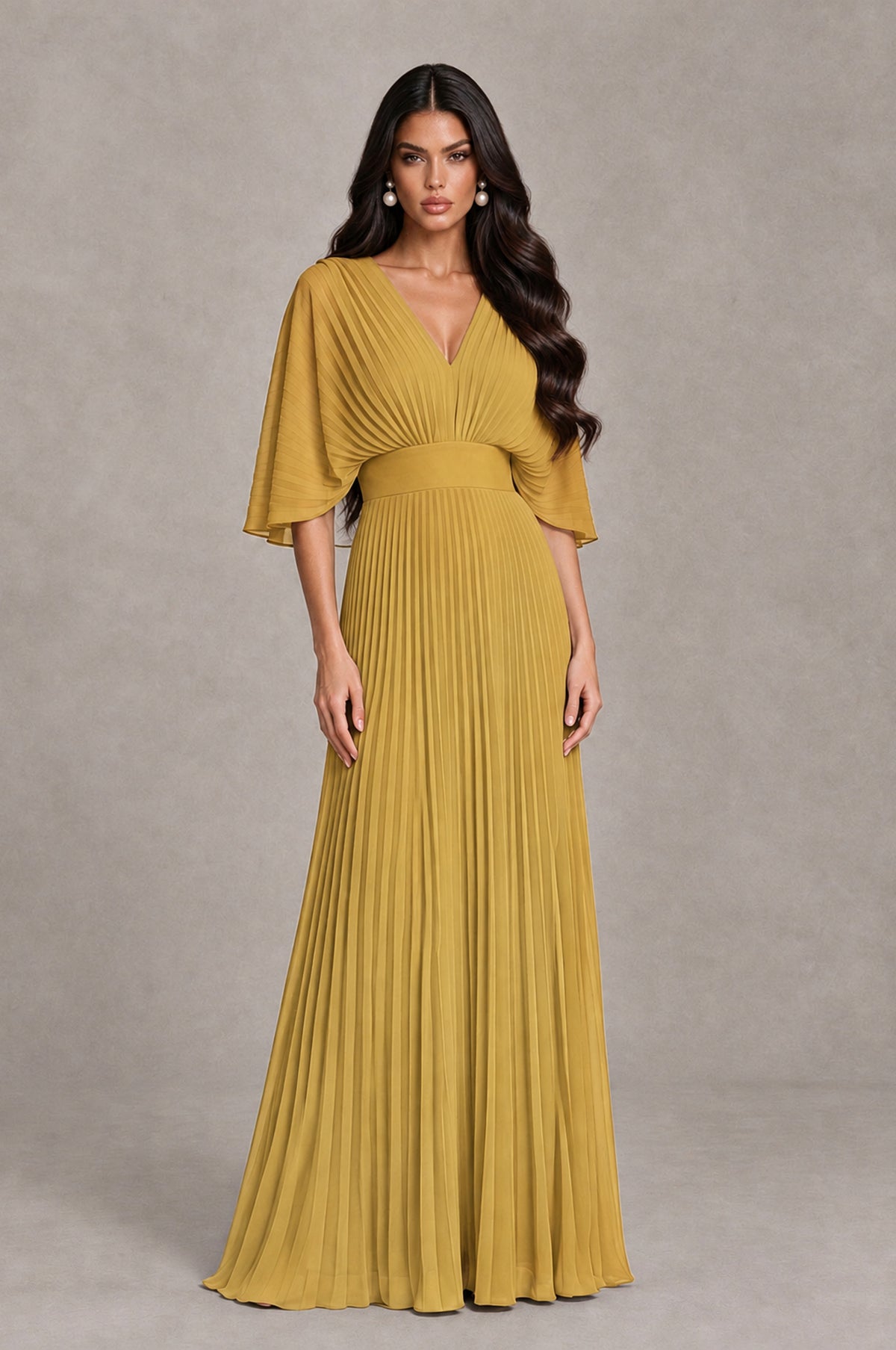 BOLODOO Gold V-Neck Pleated Flutter Sleeve Formal Dress - Gold - Gold_1