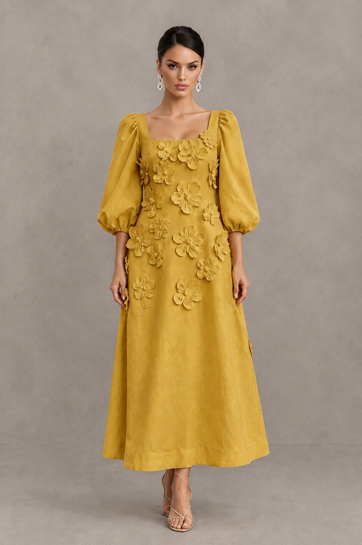 BOLODOO Gold 3D Floral Puff Sleeve Midi Cocktail Dress - Gold - Gold_1