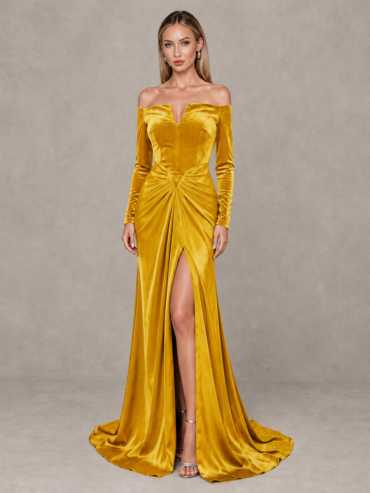 BOLODOO Gold Off-Shoulder Velvet Evening Gown with High Slit - Gold - Gold_1