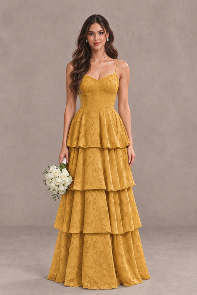 BOLODOO Gold Tiered Floral-Textured Spaghetti Strap Maxi Dress - Gold - Gold_1