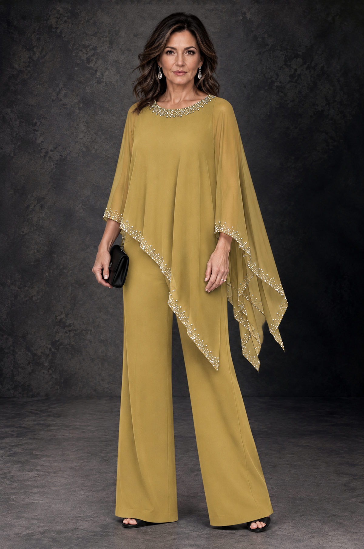 BOLODOO Gold Embellished Cape Mother of the Bride Pantsuit - Gold - Gold_1