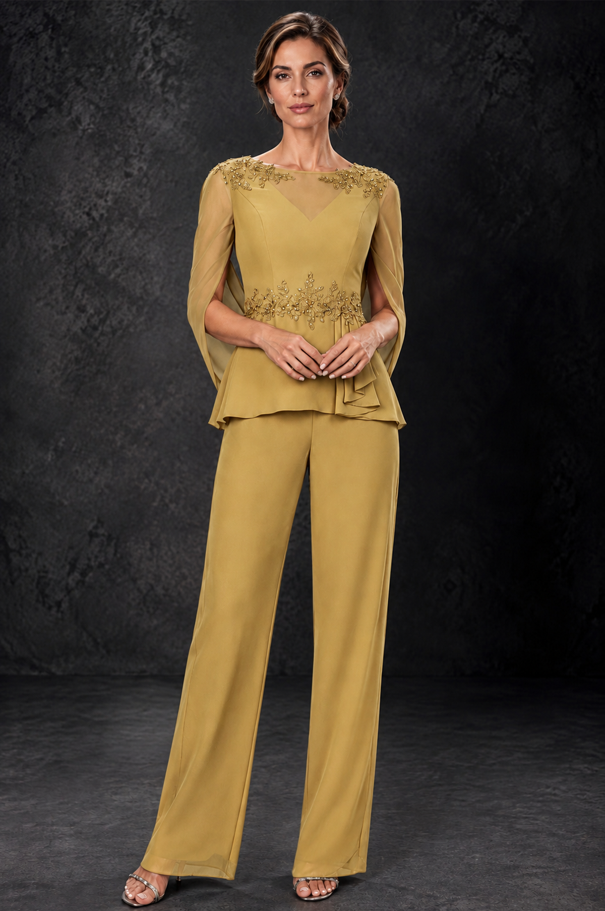 BOLODOO Gold Embellished Cape Sleeve Mother of the Bride Pantsuit - Gold - Gold_1