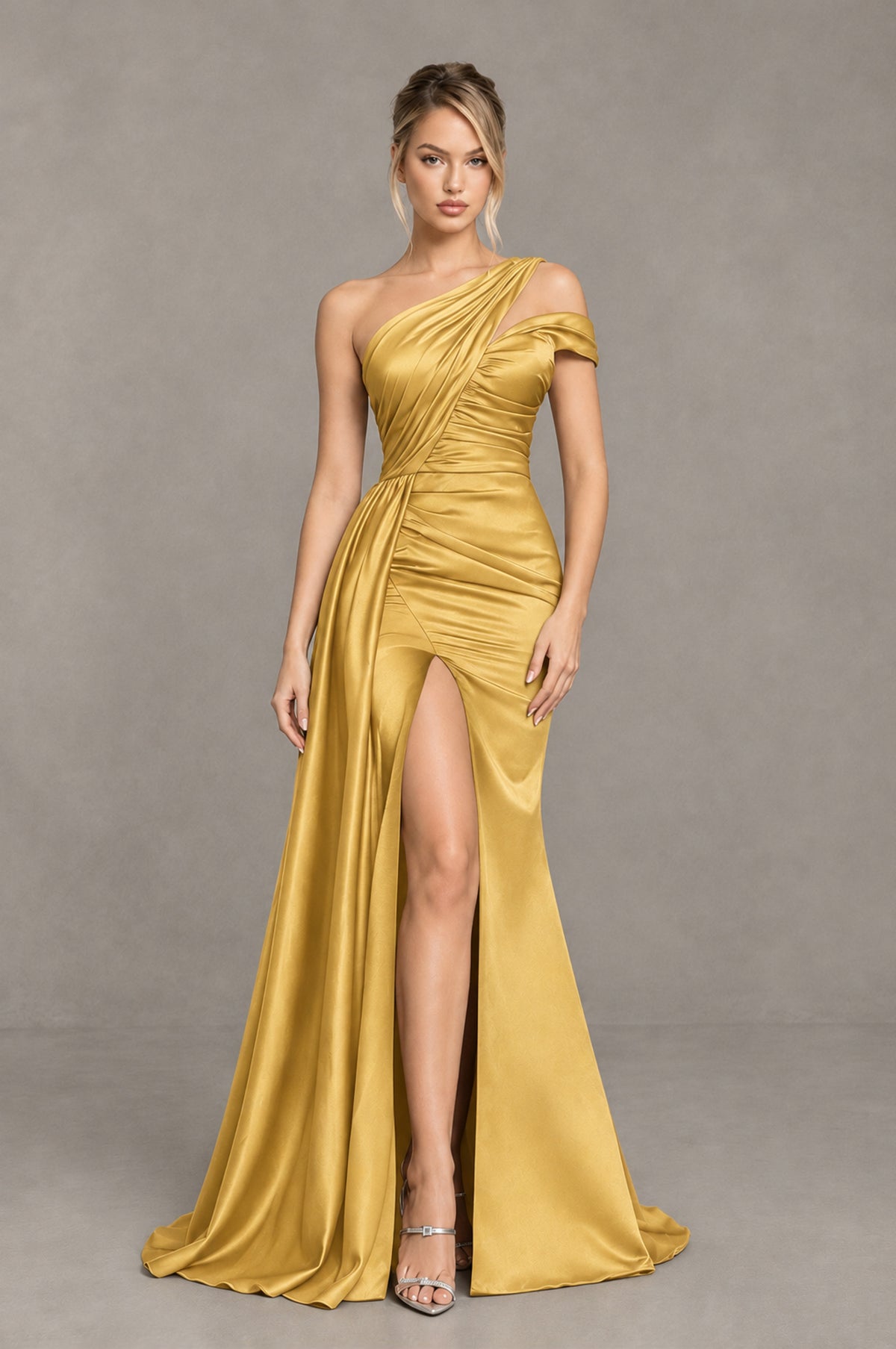 BOLODOO Gold Asymmetric Ruched Formal Evening Dress - Gold - Gold_1