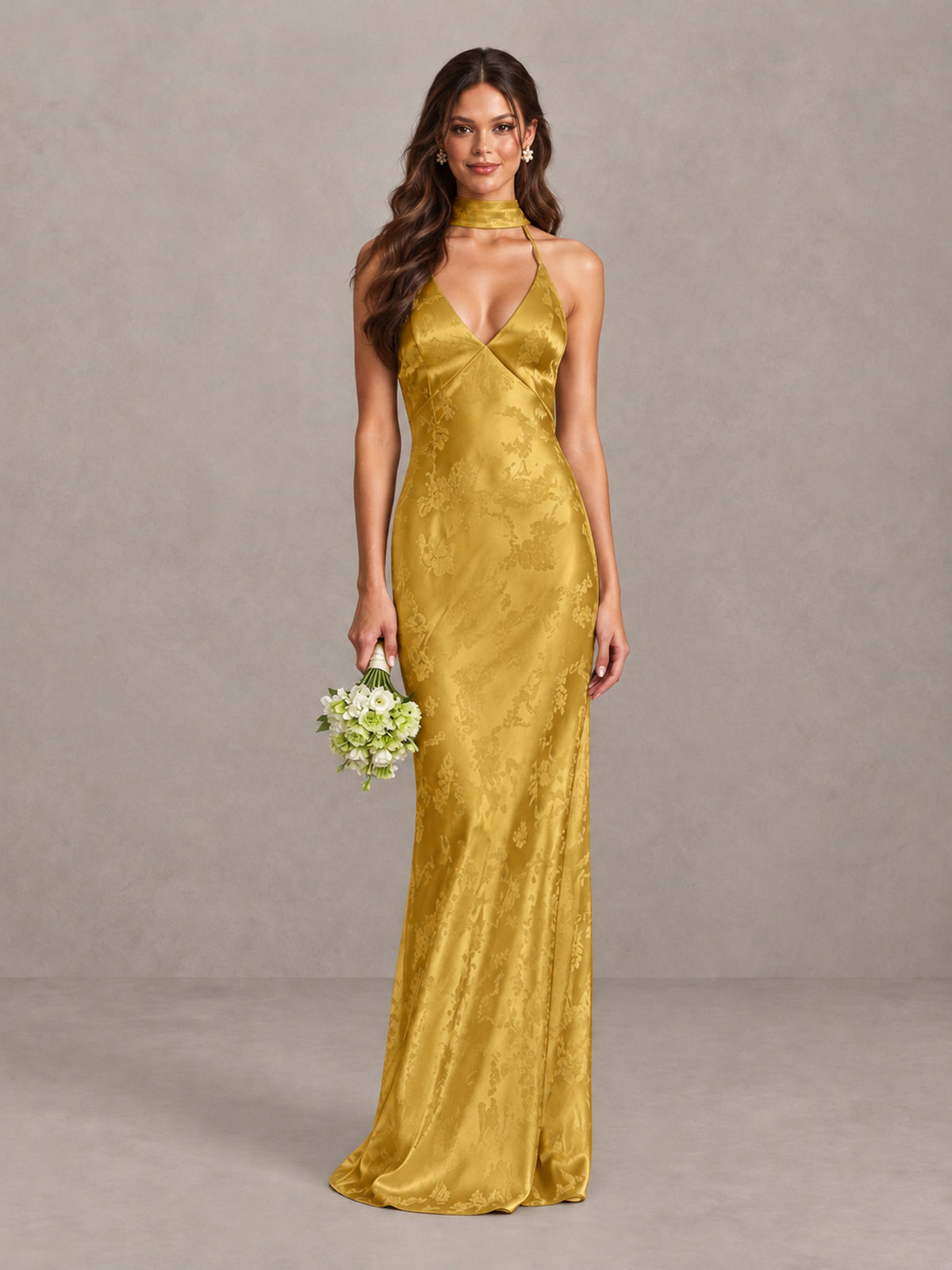 BOLODOO Gold Floral Satin Open-Back Bridesmaid Dress - Gold - Gold_1