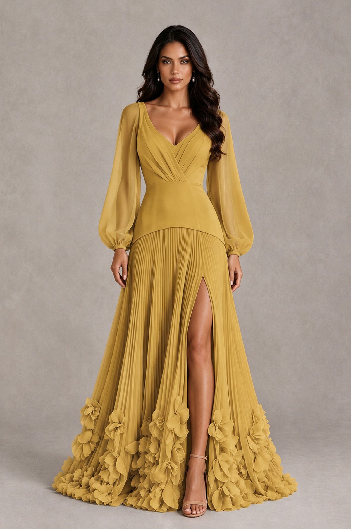 BOLODOO Gold V-Neck Long Sleeve Pleated Floral Hem Evening Dress - Gold - Gold_1