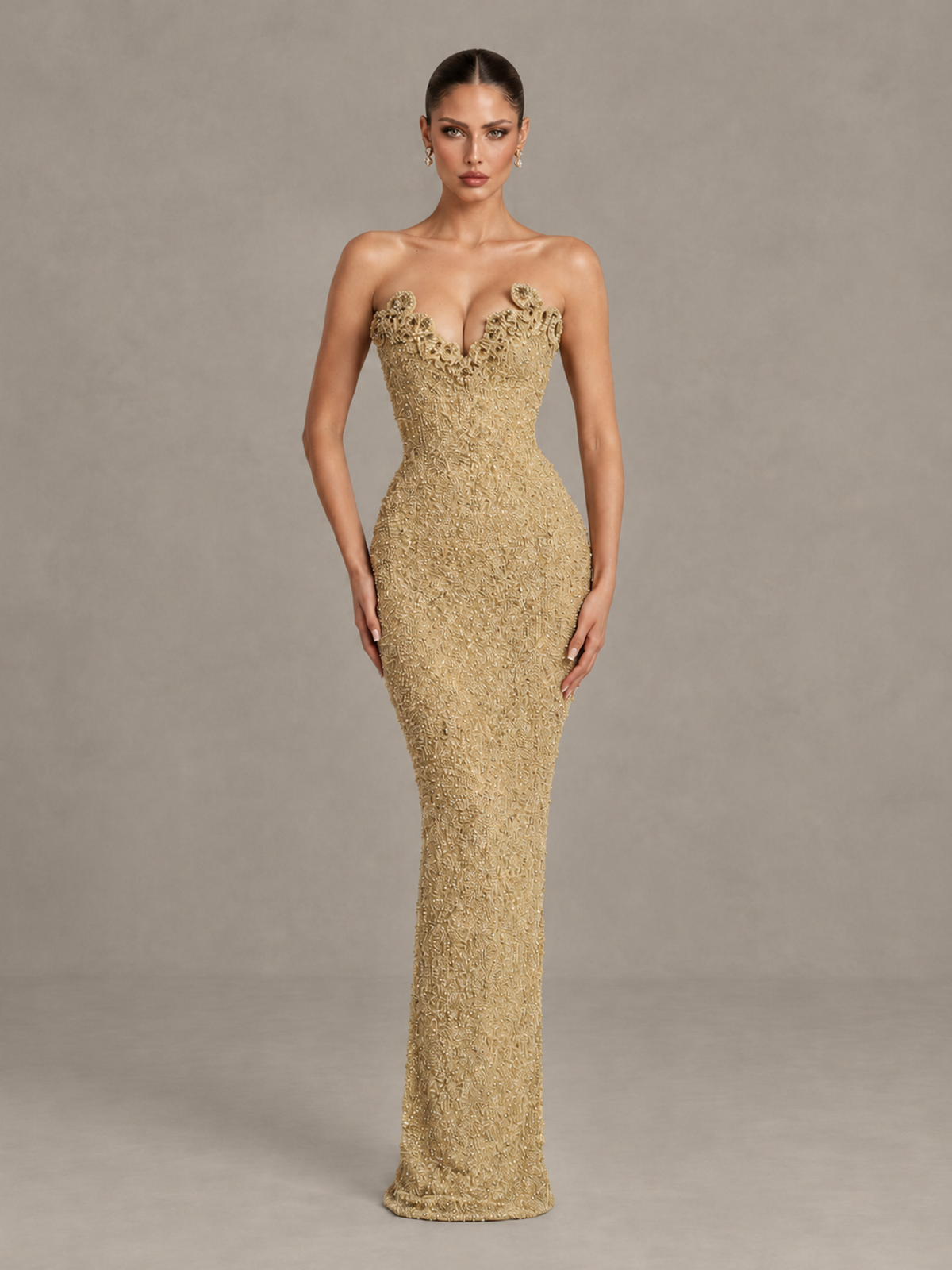 BOLODOO Gold Strapless Sequin Evening Gown with Floral Neckline - Gold - Gold_1