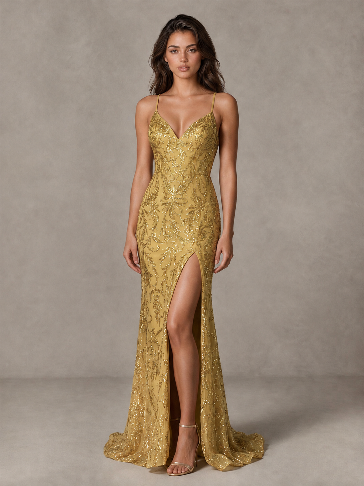 BOLODOO Gold Sequin Prom Dress with Lace-Up Back and High Slit - Gold - Gold_1
