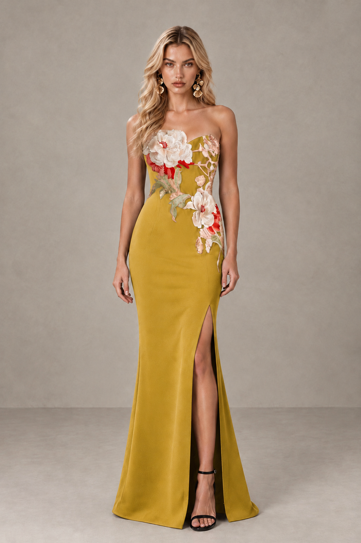 BOLODOO Gold Strapless Floral Mermaid Evening Dress with Slit - Gold - Gold_1