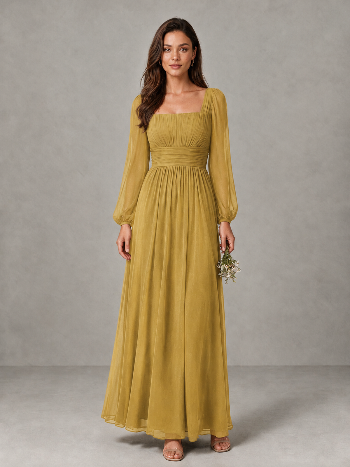 BOLODOO Gold Square Neck Long Sleeve Chiffon Bridesmaid Dress - Gold - Gold_1