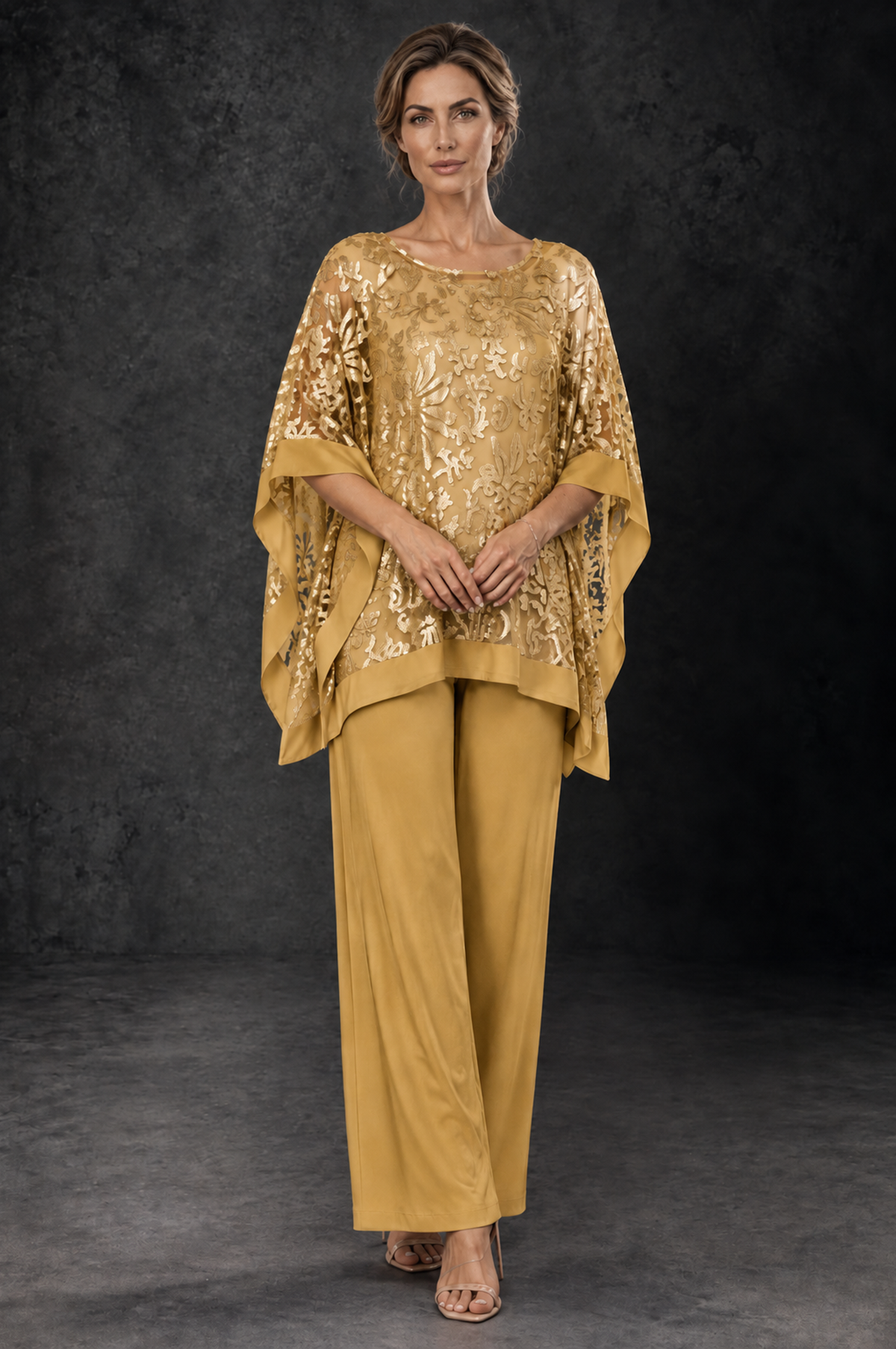 BOLODOO Gold Floral Cape Mother of the Bride Pant Suit - Gold - Gold_1