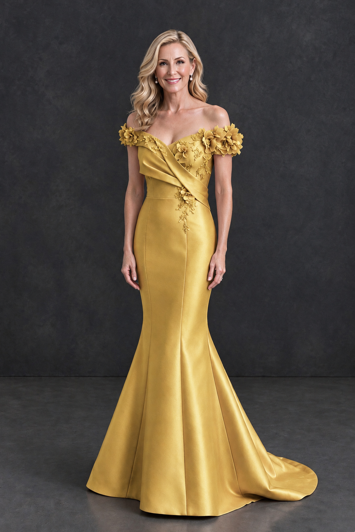 BOLODOO Gold Off-Shoulder Floral Mermaid Mother of the Bride Dress - Gold - Gold_1