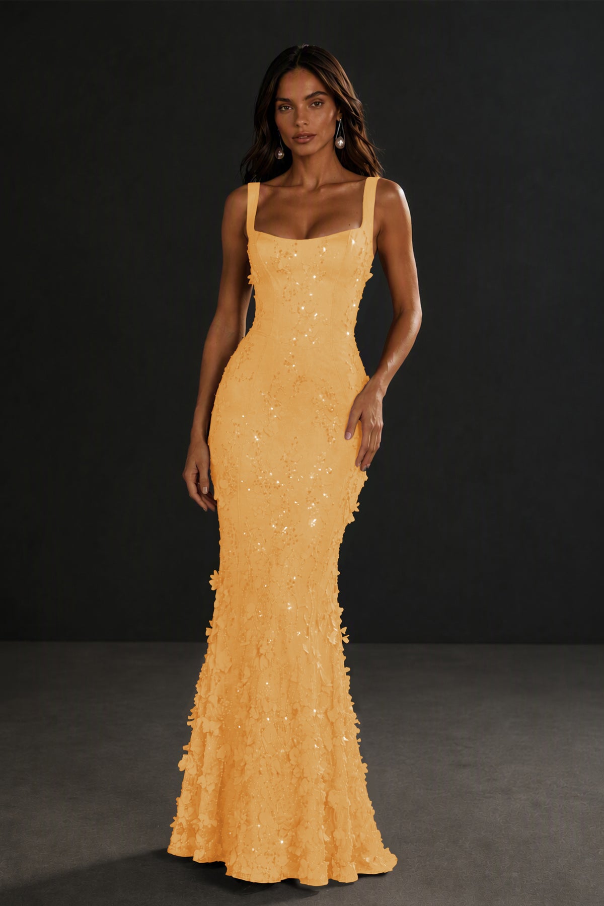 BOLODOO Gold Sequin 3D Floral Mermaid Maxi Gown – Lace-Up Back Formal Dress - Gold