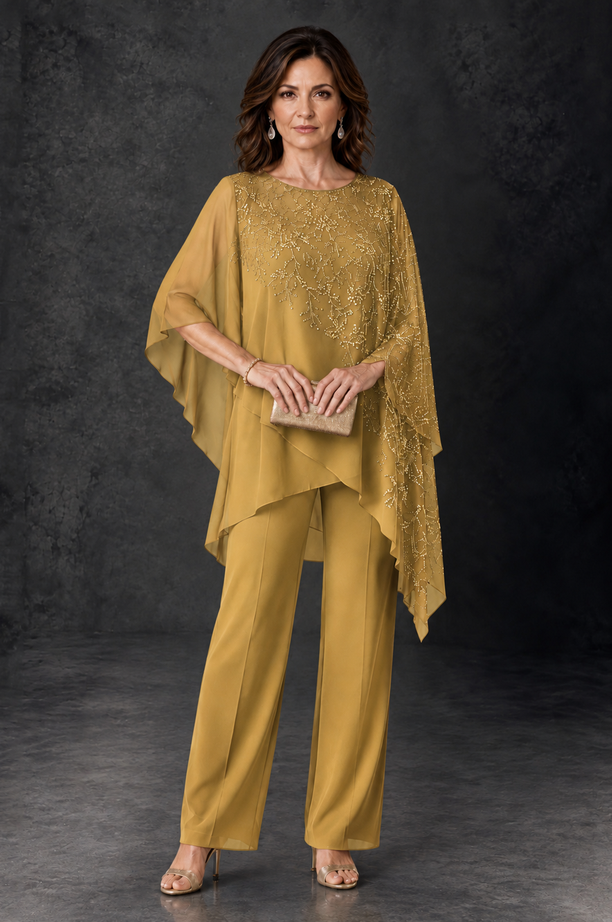 BOLODOO Gold Embellished Cape Pant Suit for Mother of the Bride - Gold - Gold_1