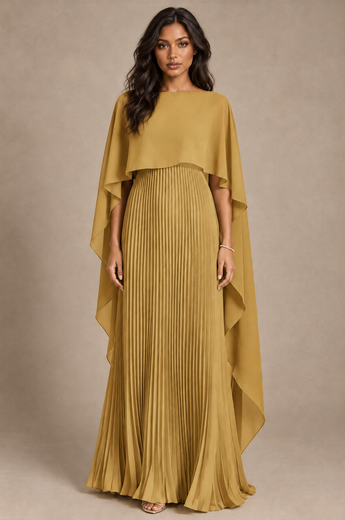 BOLODOO Gold Pleated Cape A-Line Evening Dress - Gold - Gold_1