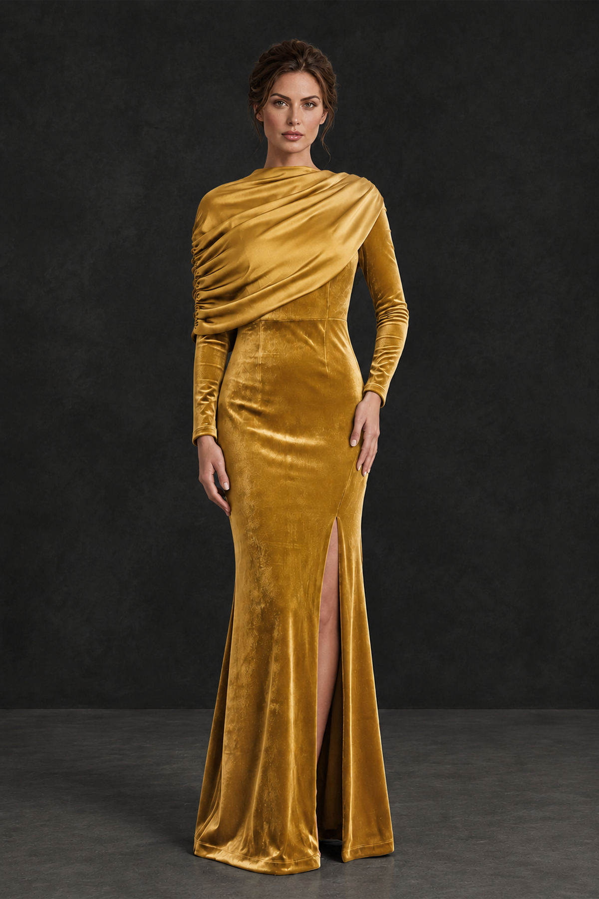BOLODOO Gold Velvet Long Sleeve Draped Mother of the Bride Dress - Gold - Gold_1