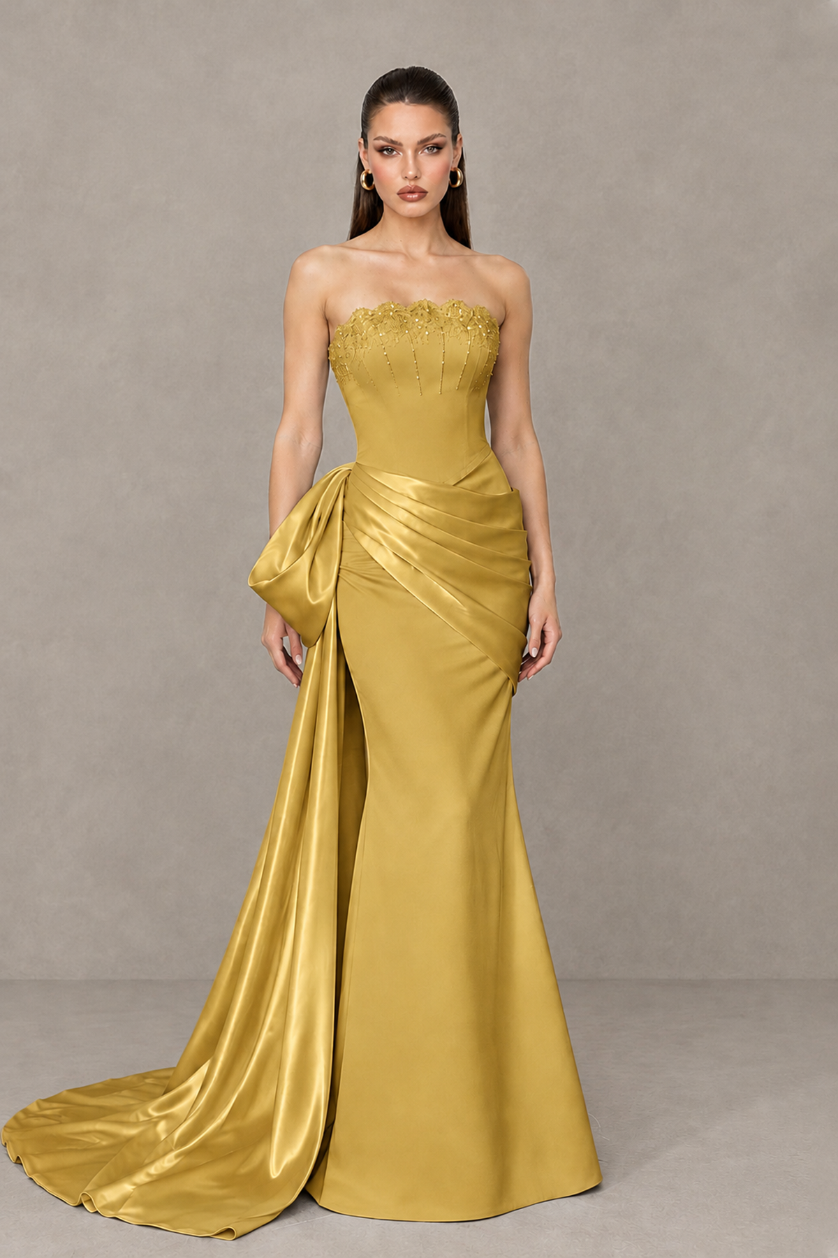 BOLODOO Gold Strapless Satin Prom Dress with Draped Side Train - Gold - Gold_1