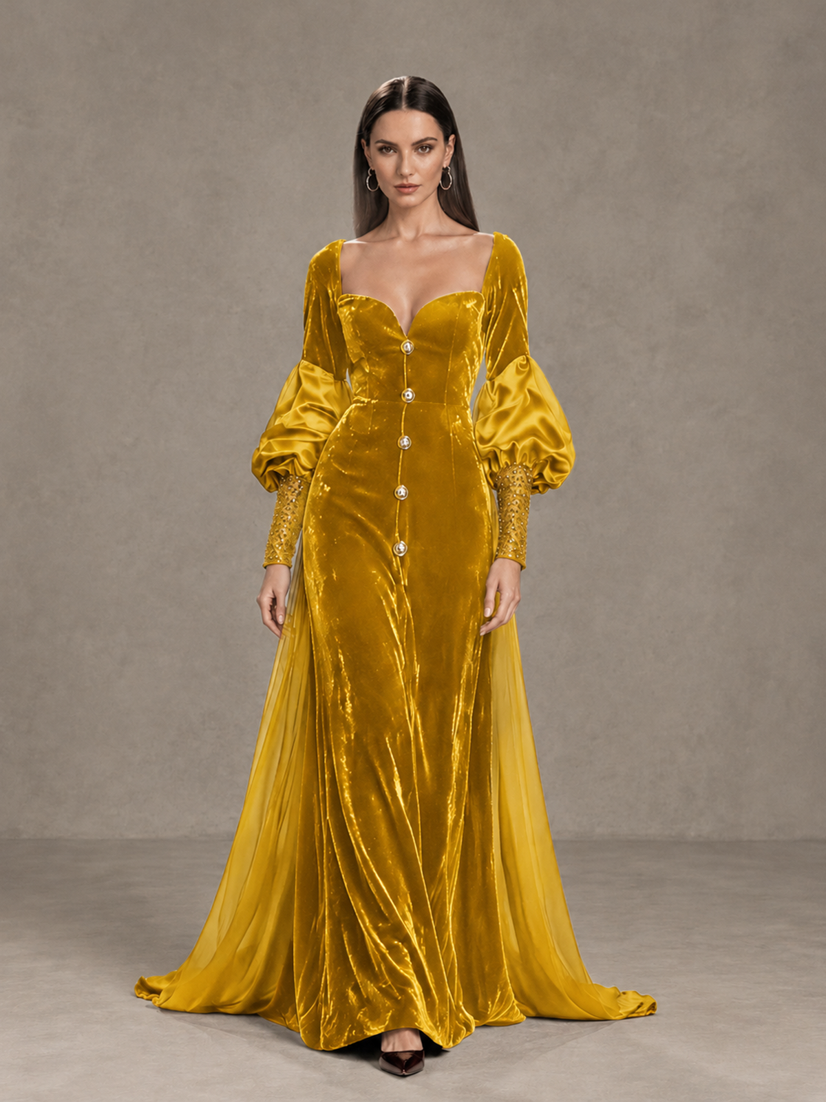 BOLODOO Gold Velvet Long Sleeve Open-Back Evening Gown - Gold - Gold_1
