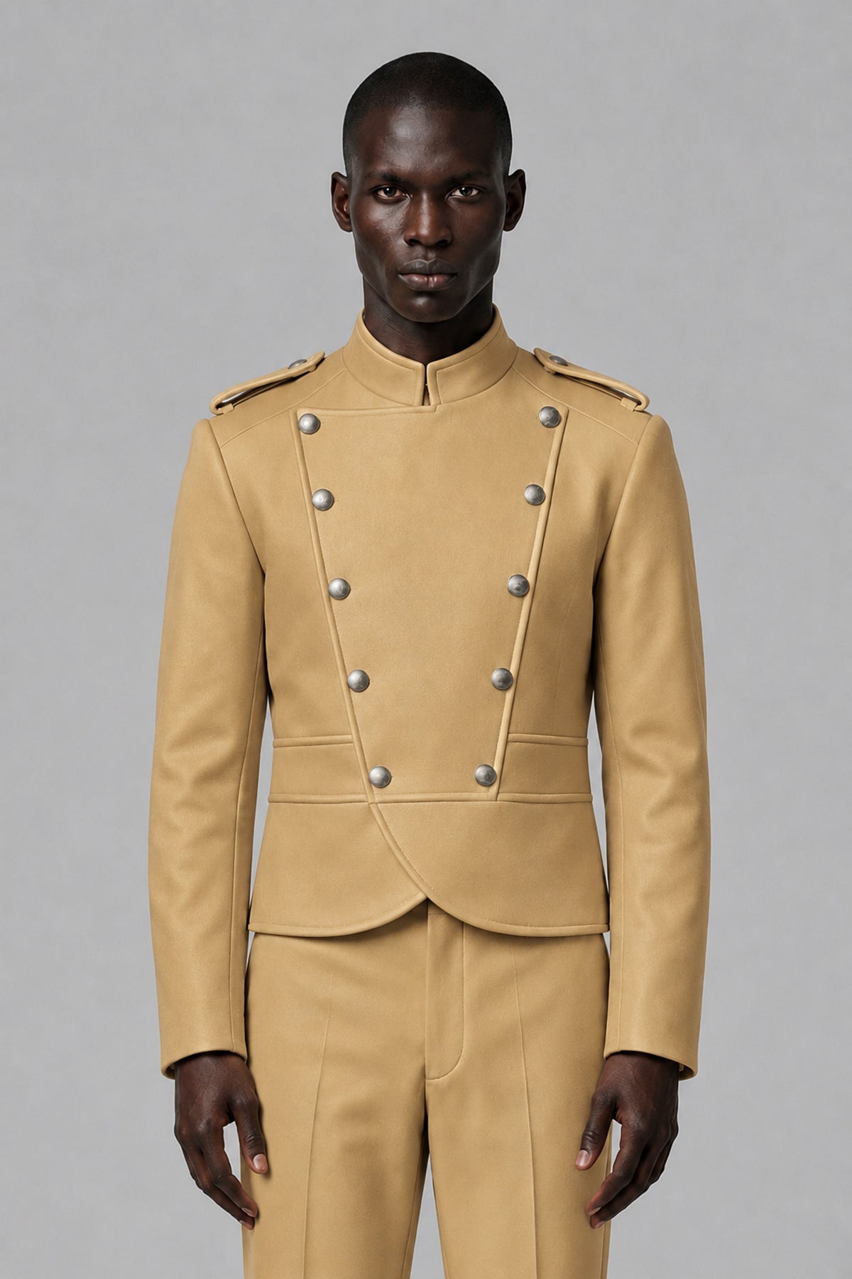 Bolodoo Men's Gold Military-Inspired Two-Piece Suit with Stand Collar - Gold - Gold_1