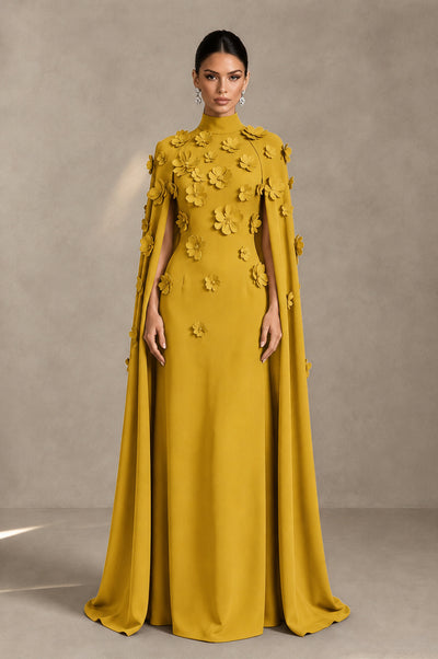 BOLODOO Gold 3D Floral Applique Cape Formal Dress - Gold - Gold_1