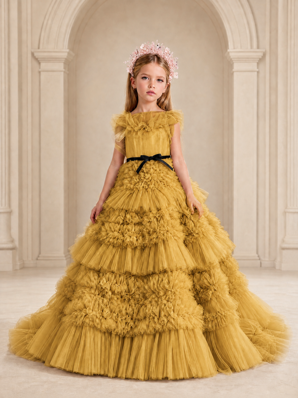 BOLODOO Gold Tiered Tulle Flower Girl Dress with Floral Appliques - Gold - Gold_1