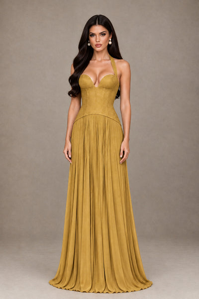 BOLODOO Gold Halter Corset Pleated A-Line Evening Dress - Gold - Gold_1
