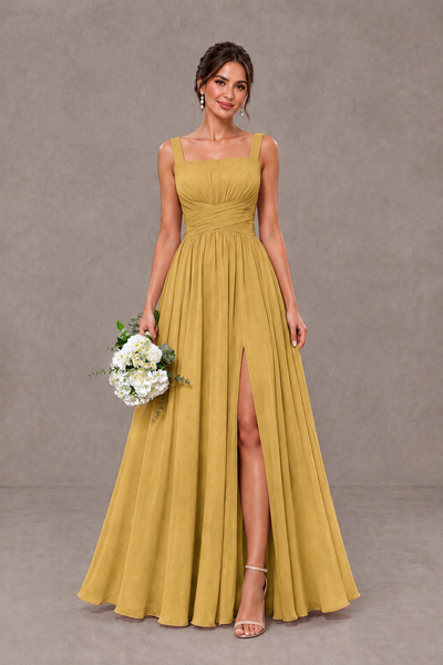 BOLODOO Gold Square Neck A-Line Bridesmaid Dress with Slit - Gold - Gold_1