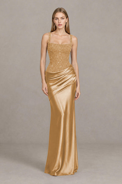 BOLODOO Gold Square Neck Embellished Satin Evening Gown - Gold