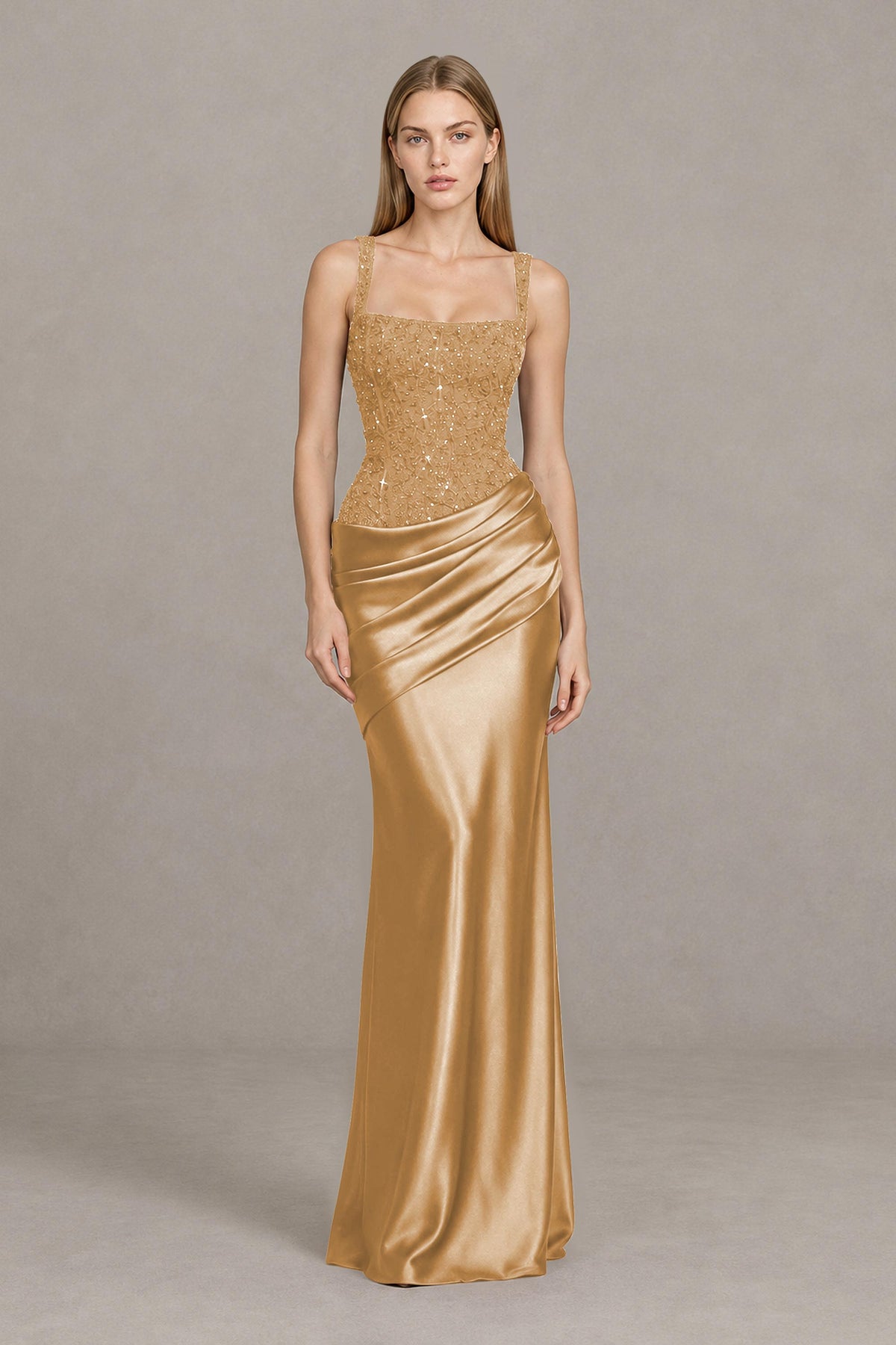 BOLODOO Gold Square Neck Embellished Satin Evening Gown - Gold