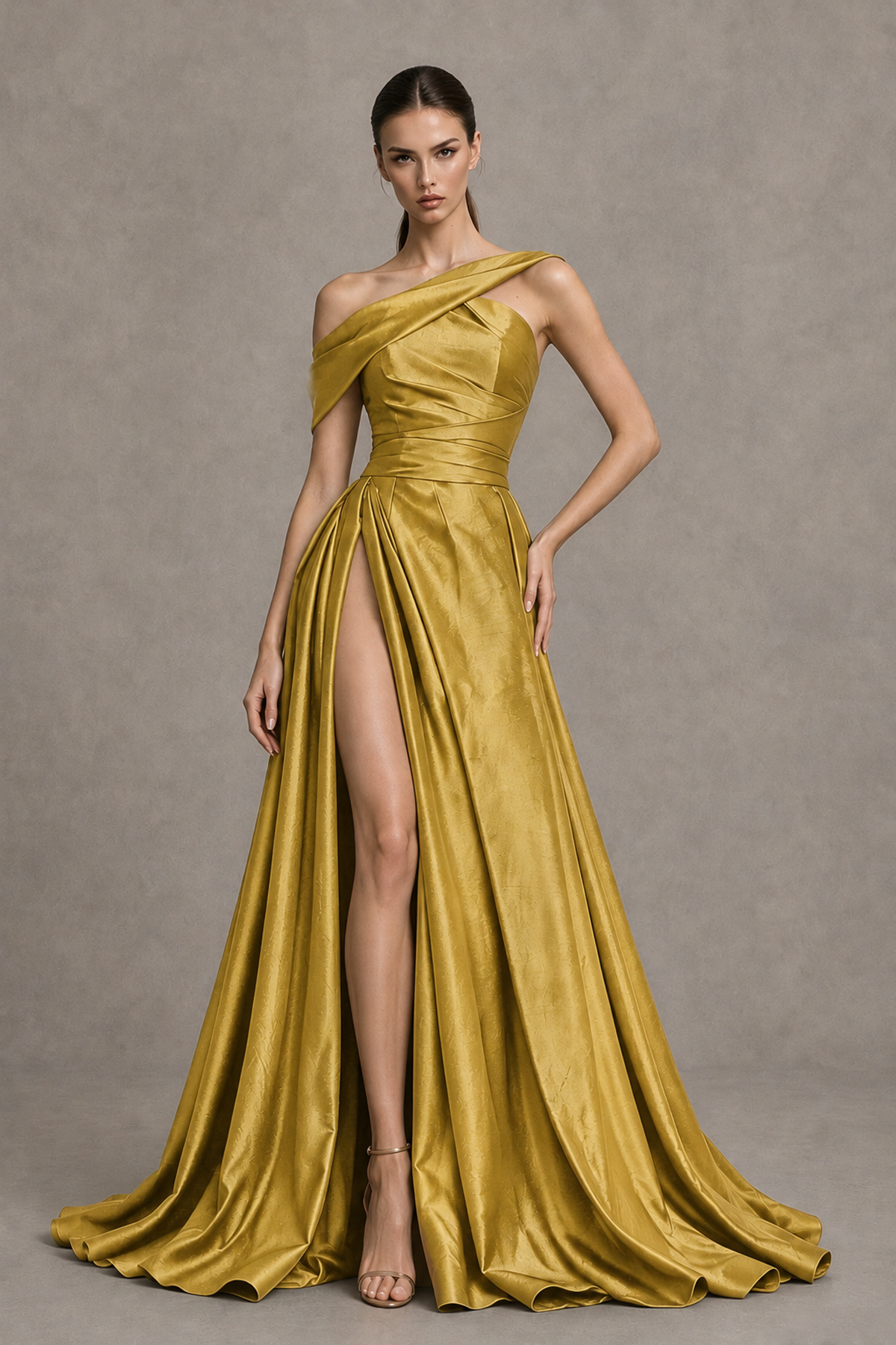 BOLODOO Gold Asymmetric Satin-Look A-Line Prom Dress with High Slit - Gold - Gold_1