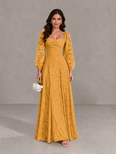 BOLODOO Gold Floral Long Sleeve A-Line Bridesmaid Dress - Gold - Gold_1