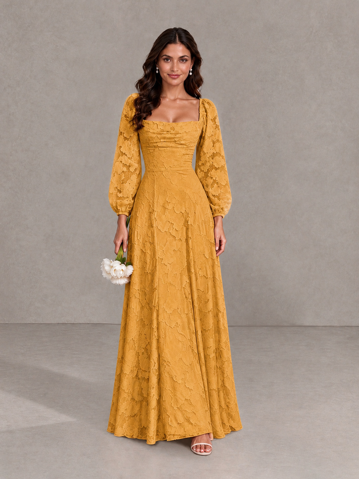 BOLODOO Gold Floral Long Sleeve A-Line Bridesmaid Dress - Gold - Gold_1