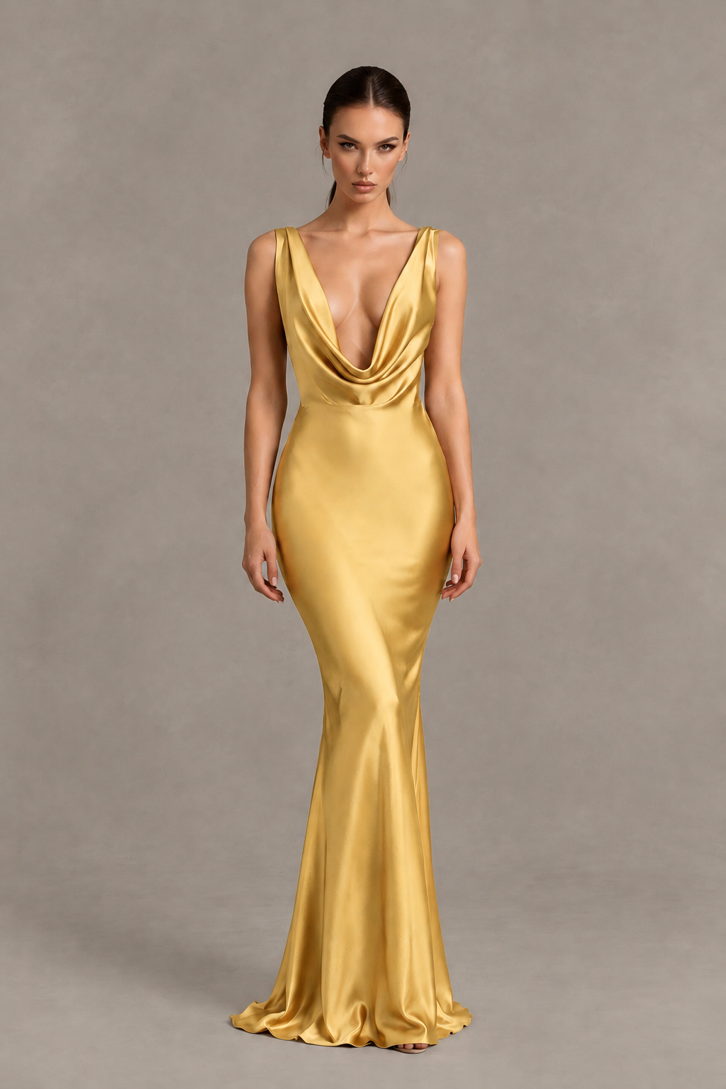 BOLODOO Gold Cowl Neck Backless Satin Mermaid Evening Dress - Gold - Gold_1