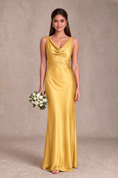 BOLODOO Gold Cowl Neck Open Back Satin Bridesmaid Dress - Gold - Gold_1