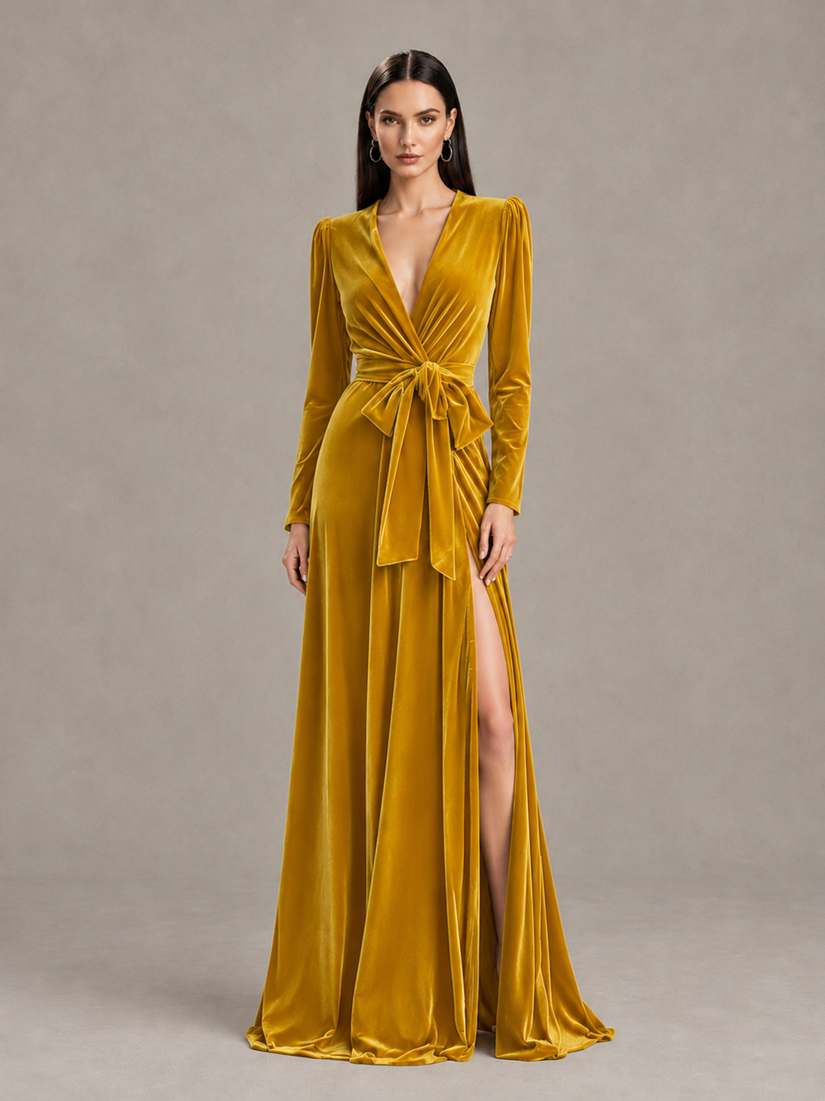 BOLODOO Gold Long Sleeve Velvet-Look Evening Dress with High Slit - Gold - Gold_1
