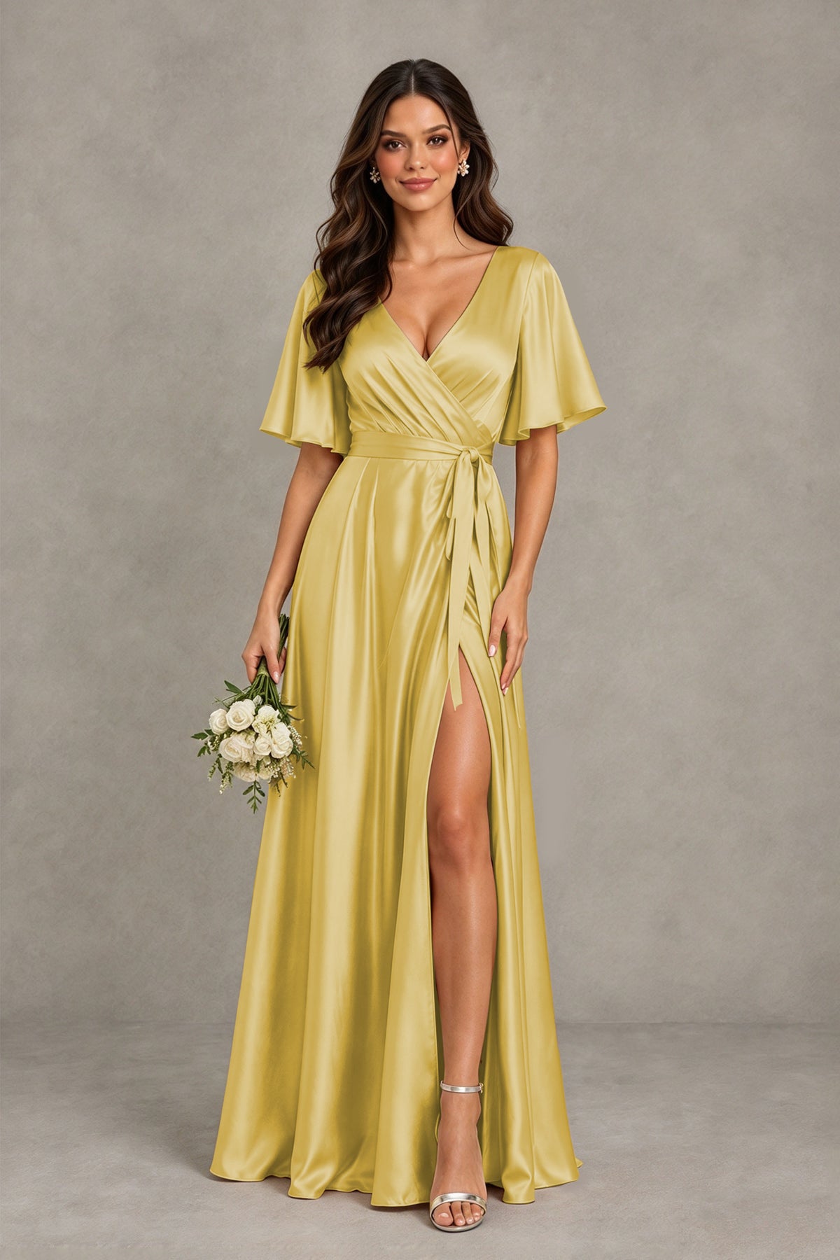BOLODOO Gold Satin V-Neck Flutter Sleeve Bridesmaid Dress with Slit - Gold - Gold(1)