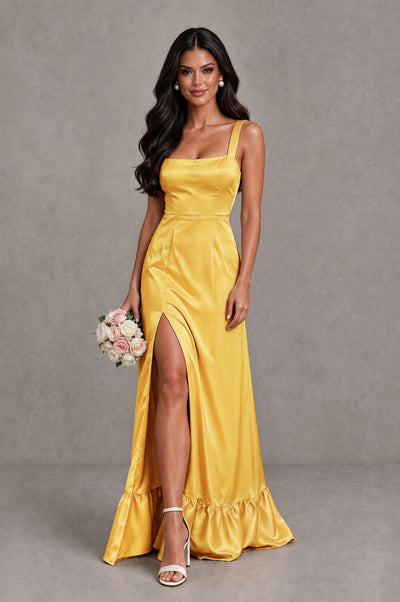 BOLODOO Gold Square Neck Satin Evening Dress with Lace-Up Back and High Slit - Gold - Gold_1
