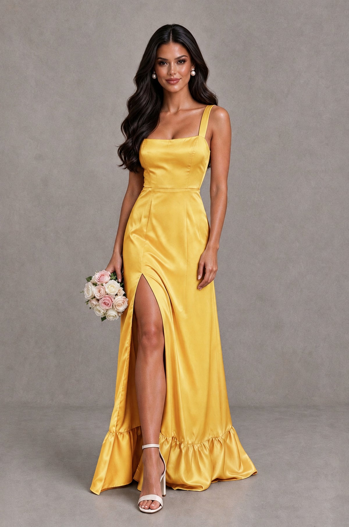 BOLODOO Gold Square Neck Satin Evening Dress with Lace-Up Back and High Slit - Gold - Gold_1
