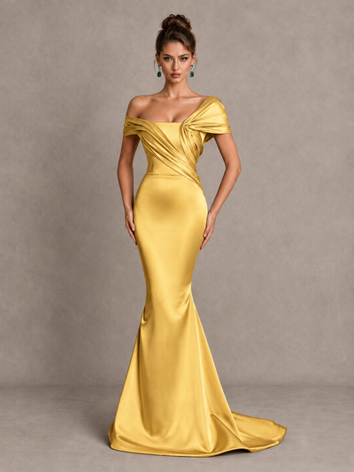 BOLODOO Gold Off-Shoulder Satin Mermaid Prom Dress - Gold - Gold_1