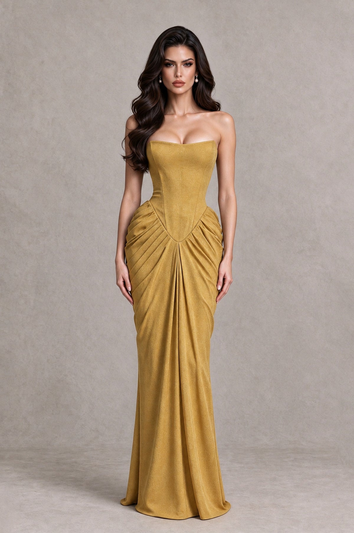 BOLODOO Gold Strapless Ruched Corset Evening Gown - Gold - Gold_1