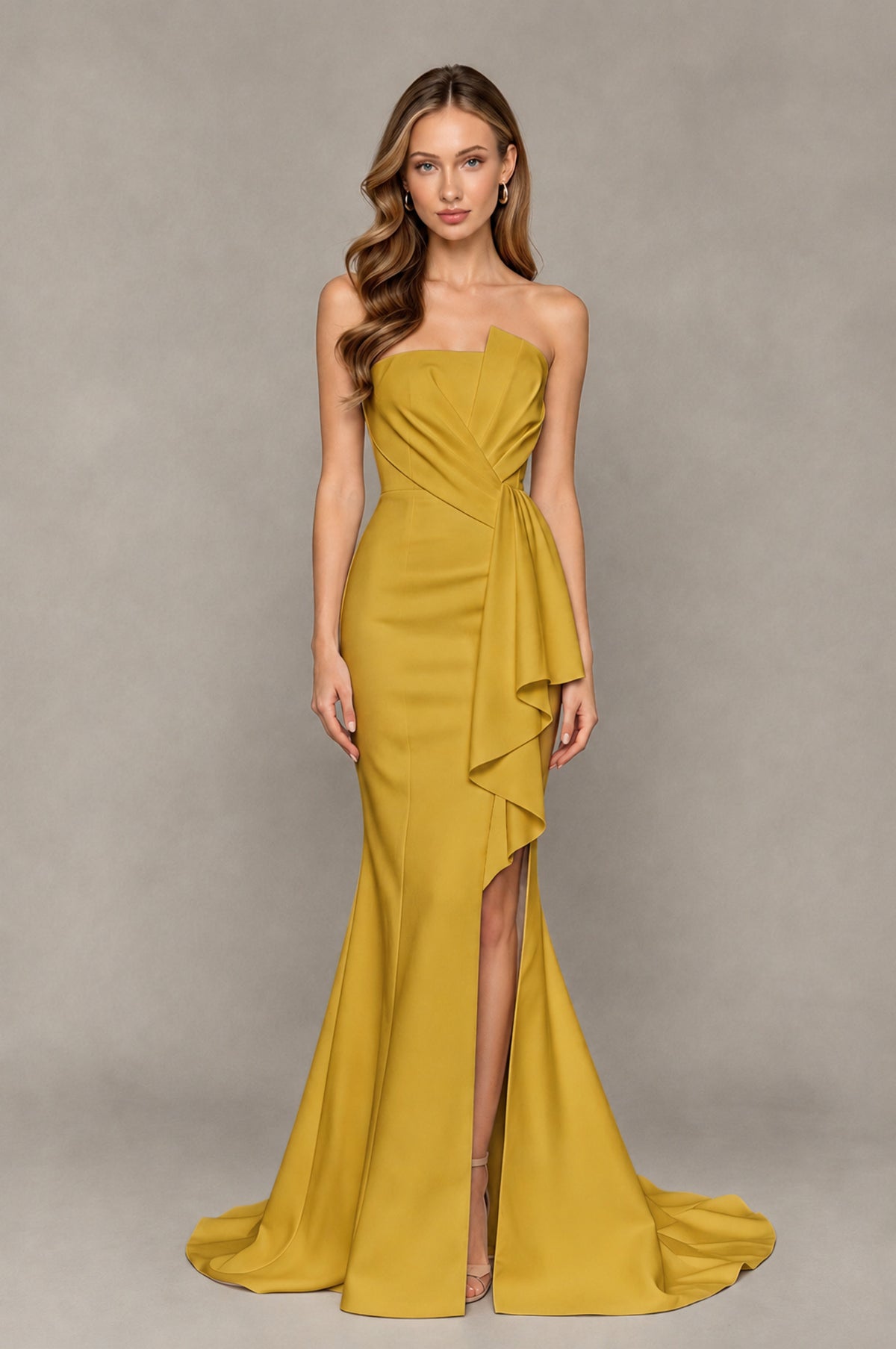BOLODOO Gold Strapless Mermaid Evening Dress with Ruffle Slit and Train - Gold - Gold_1